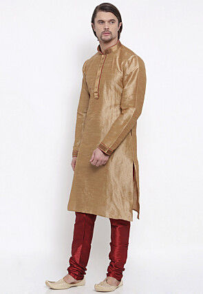 Embroidered Dupion Silk Kurta Set in Beige