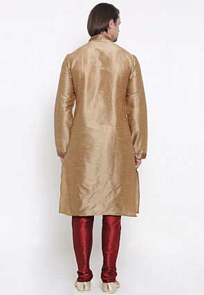 Embroidered Dupion Silk Kurta Set in Beige