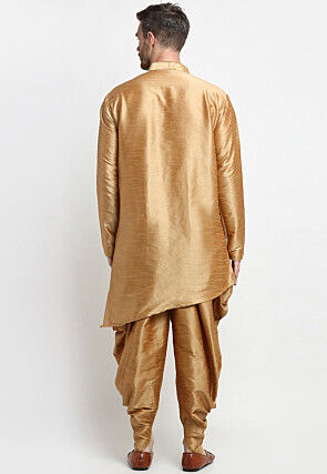 Embroidered Dupion Silk Asymmetric Short Kurta Set in Beige