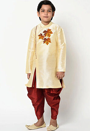Embroidered Dupion Silk Kurta Set in Beige