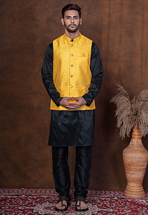 Embroidered Dupion Silk Kurta Set in Black