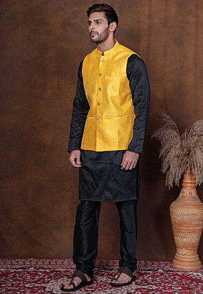 Embroidered Dupion Silk Kurta Set in Black