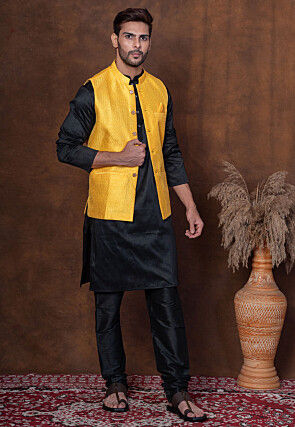 Embroidered Dupion Silk Kurta Set in Black