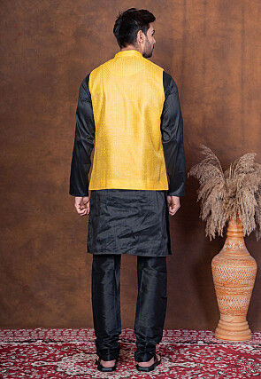 Embroidered Dupion Silk Kurta Set in Black