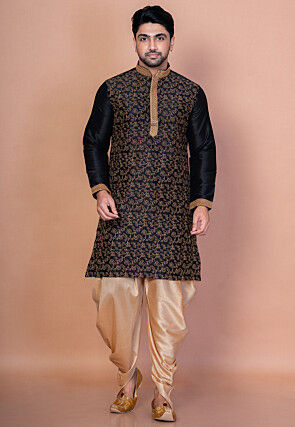 Embroidered Dupion Silk Kurta Set in Black