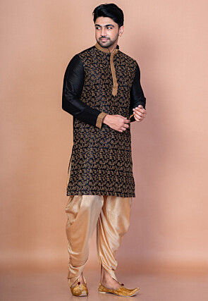 Embroidered Dupion Silk Kurta Set in Black