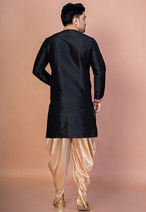 Embroidered Dupion Silk Kurta Set in Black