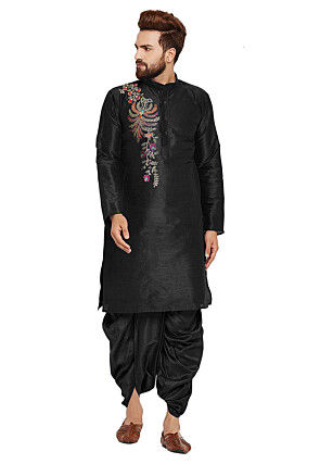 Embroidered Dupion Silk Kurta Set in Black