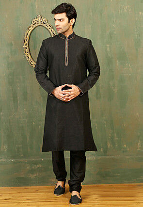 Embroidered Dupion Silk Kurta Set in Black