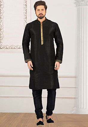 Embroidered Dupion Silk Kurta Set in Black