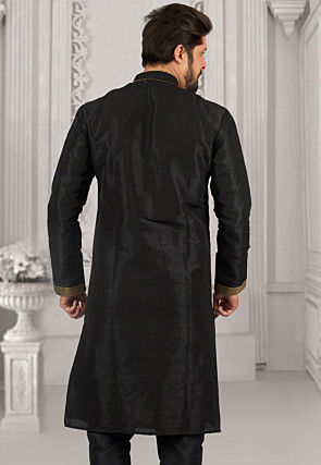 Embroidered Dupion Silk Kurta Set in Black