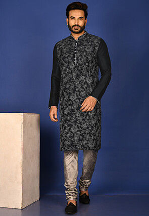 Embroidered Dupion Silk Kurta Set in Black