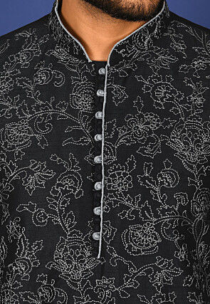 Embroidered Dupion Silk Kurta Set in Black