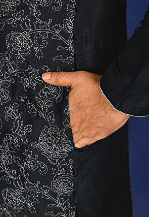 Embroidered Dupion Silk Kurta Set in Black