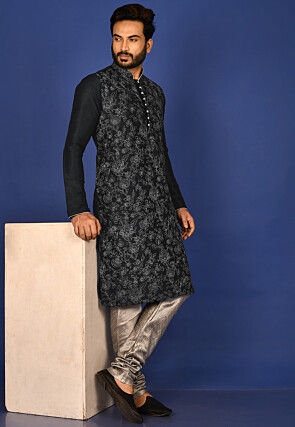 Embroidered Dupion Silk Kurta Set in Black