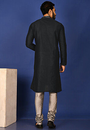 Embroidered Dupion Silk Kurta Set in Black
