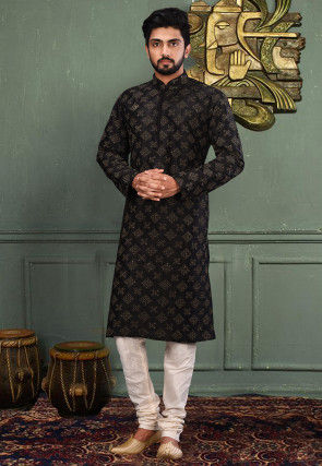Embroidered Dupion Silk Kurta Set in Black