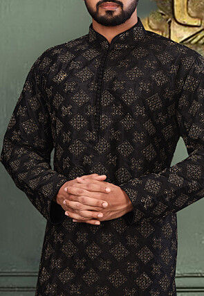 Embroidered Dupion Silk Kurta Set in Black