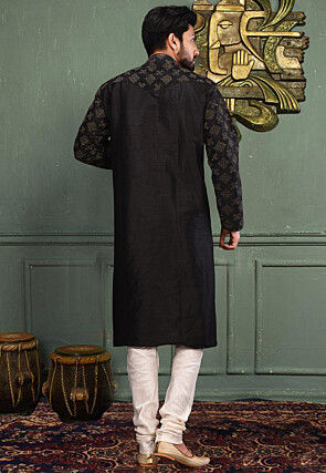 Embroidered Dupion Silk Kurta Set in Black