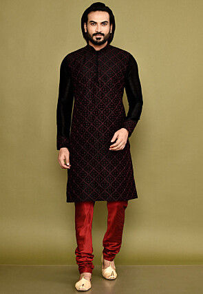 Embroidered Dupion Silk Kurta Set in Black