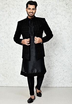 Embroidered Dupion Silk Kurta Set in Black