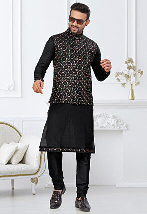 Embroidered Dupion Silk Kurta Set in Black