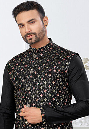 Embroidered Dupion Silk Kurta Set in Black