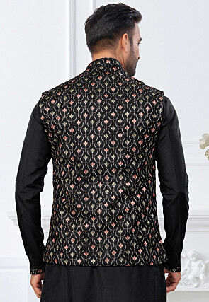 Embroidered Dupion Silk Kurta Set in Black