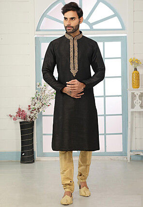 Embroidered Dupion Silk Kurta Set in Black