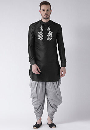 Embroidered Dupion Silk Kurta Set in Black