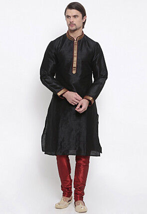 Embroidered Dupion Silk Kurta Set in Black
