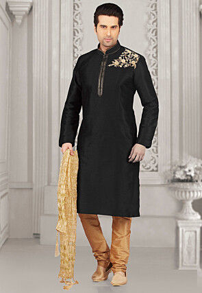 Embroidered Dupion Silk Kurta Set in Black