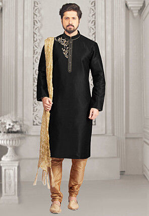 Embroidered Dupion Silk Kurta Set in Black