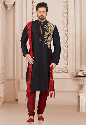 Embroidered Dupion Silk Kurta Set in Black