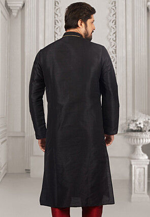 Embroidered Dupion Silk Kurta Set in Black
