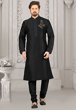 Embroidered Dupion Silk Kurta Set in Black