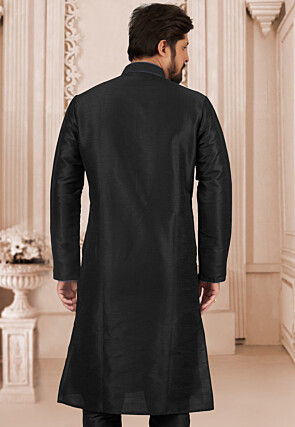 Embroidered Dupion Silk Kurta Set in Black
