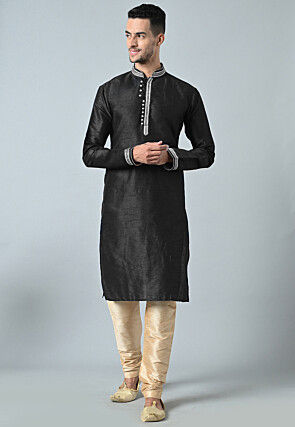Embroidered Dupion Silk Kurta Set in Black