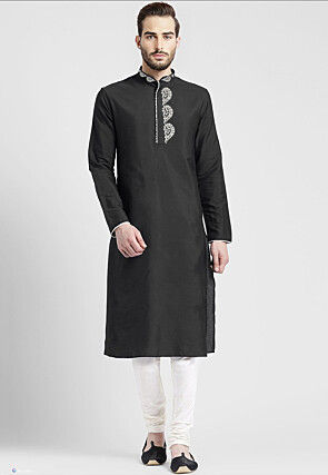 Embroidered Dupion Silk Kurta Set in Black
