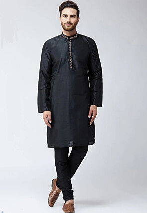Embroidered Dupion Silk Kurta Set in Black