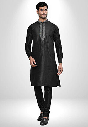 Embroidered Dupion Silk Kurta Set in Black