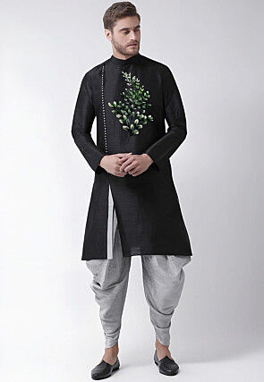 Embroidered Dupion Silk Kurta Set in Black