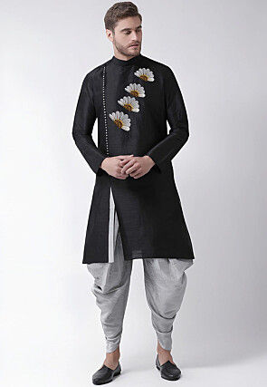 Embroidered Dupion Silk Kurta Set in Black