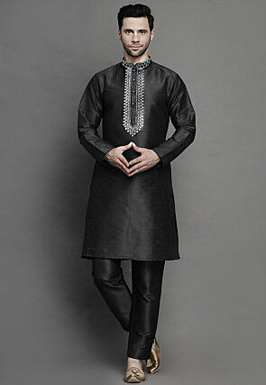 Embroidered Dupion Silk Kurta Set in Black