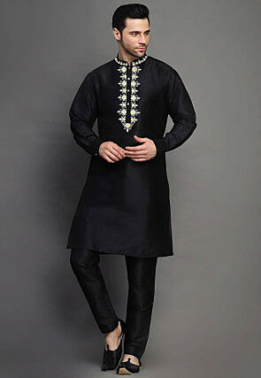 Embroidered Dupion Silk Kurta Set in Black
