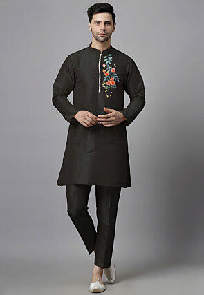 Embroidered Dupion Silk Kurta Set in Black
