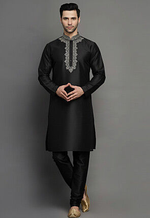 Embroidered Dupion Silk Kurta Set in Black
