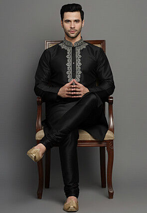 Embroidered Dupion Silk Kurta Set in Black