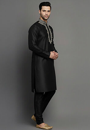 Embroidered Dupion Silk Kurta Set in Black