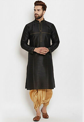 Contrast Trim Dupion Silk Kurta Set in Black